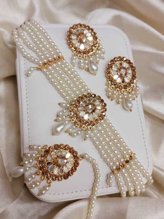 Pearl White Jewelry Set with Golden Finish - Choker Necklace, Earrings, and Bindia Jewellery Set | - Smart Essential