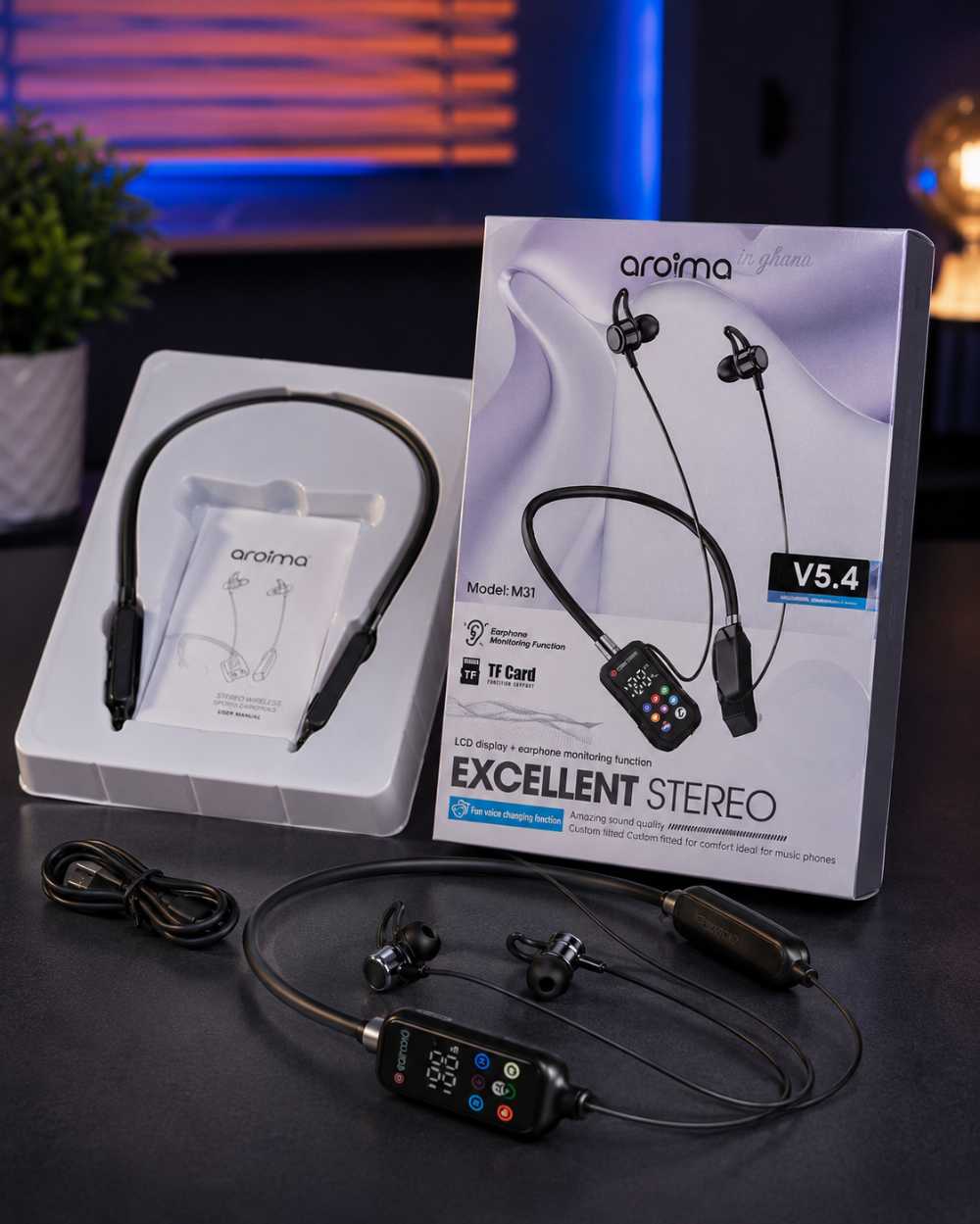 Aroima M31 Wireless Neckband Bluetooth Earphones with LCD Display - Smart Essential