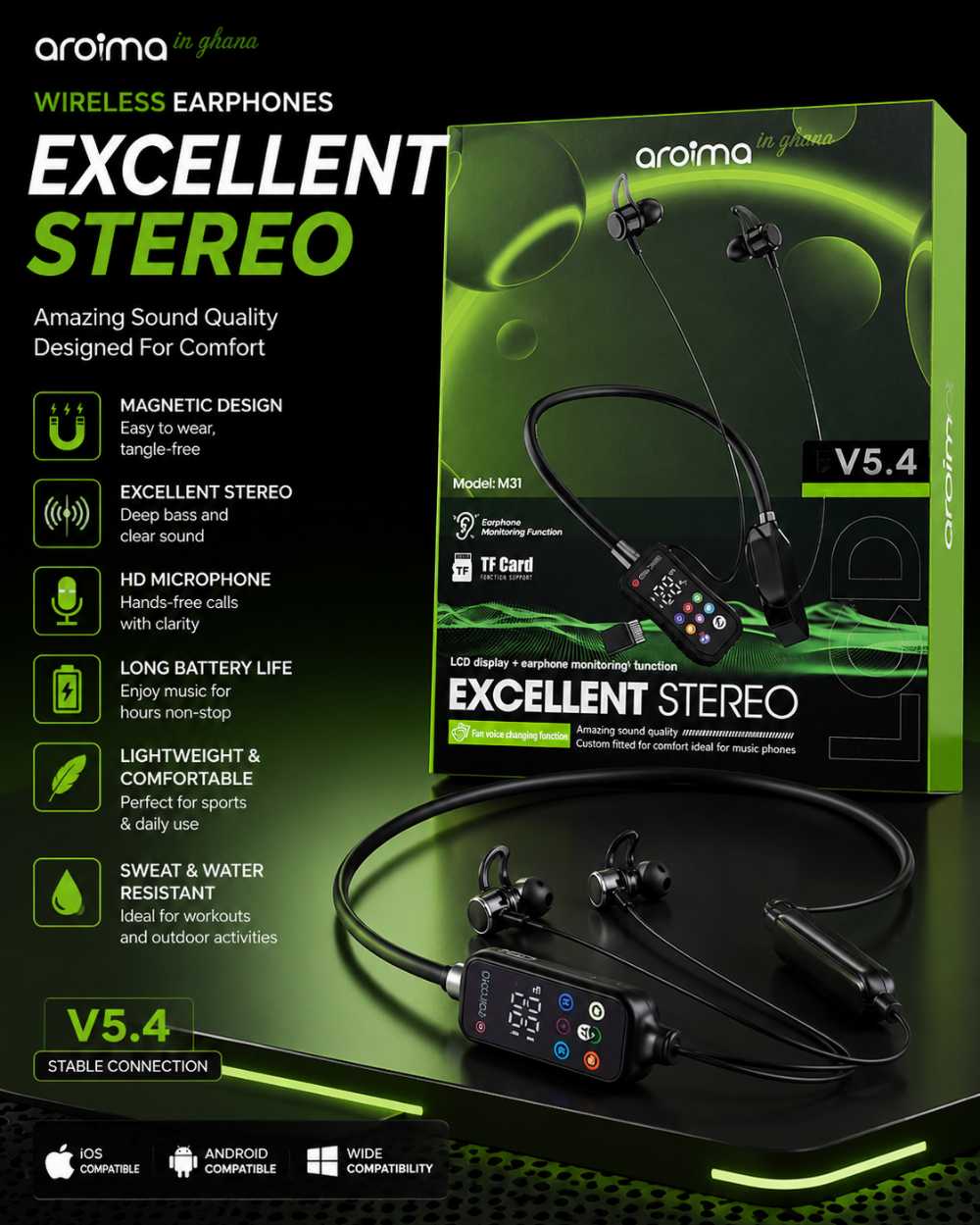 Aroima M31 Wireless Neckband Bluetooth Earphones with LCD Display - Smart Essential