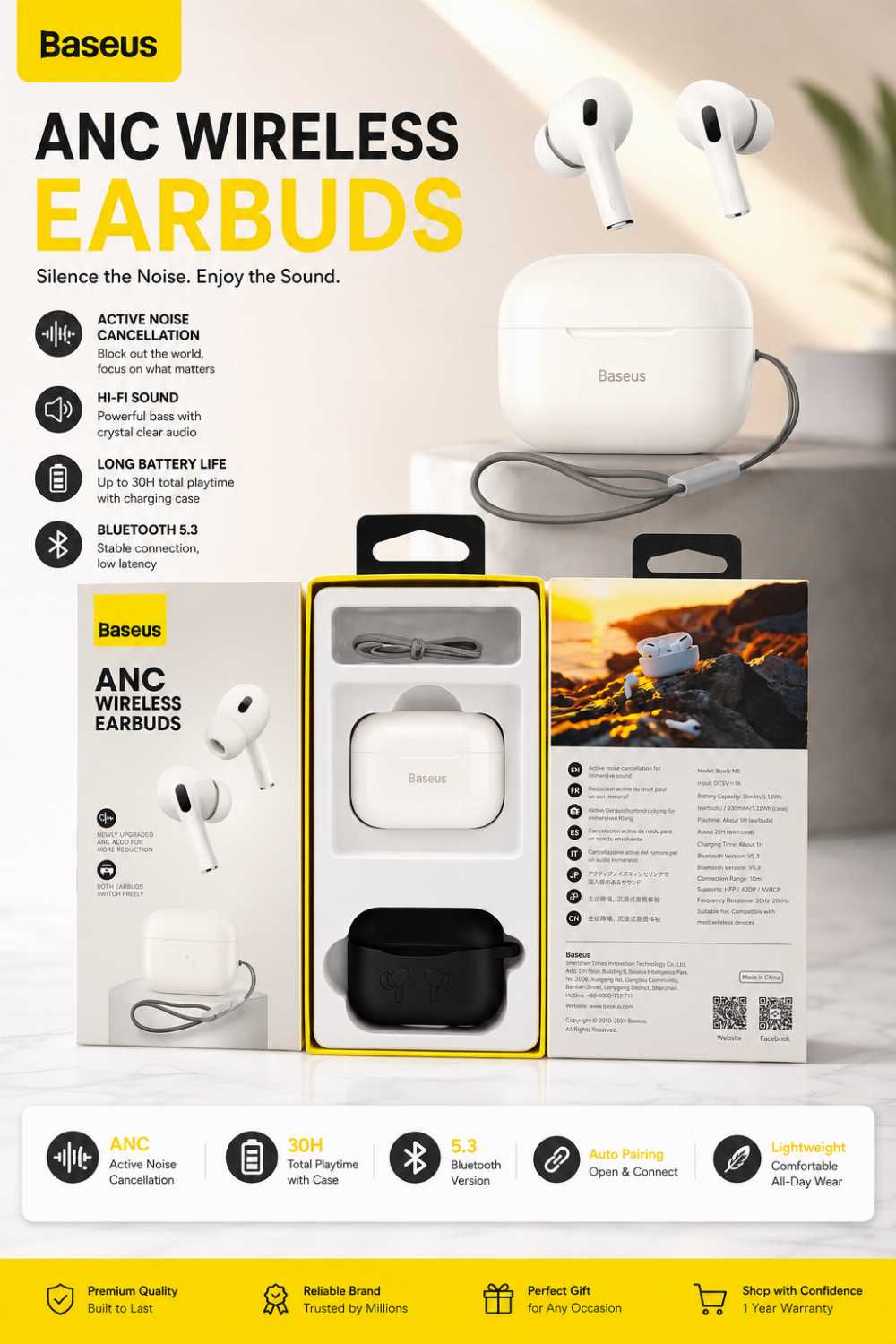 Baseus ANC Wireless Earbuds Bluetooth 5.4 | Active Noise Cancellation TWS Earphones with Charging Case - Smart Essential