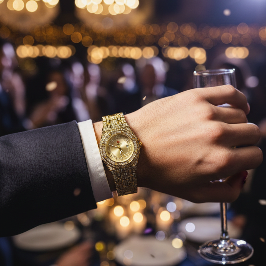 Luxury Gold Diamond-Studded Wrist Watch – Premium Designer Style Quartz Watch for Men & Women (Without Box) - Smart Essential