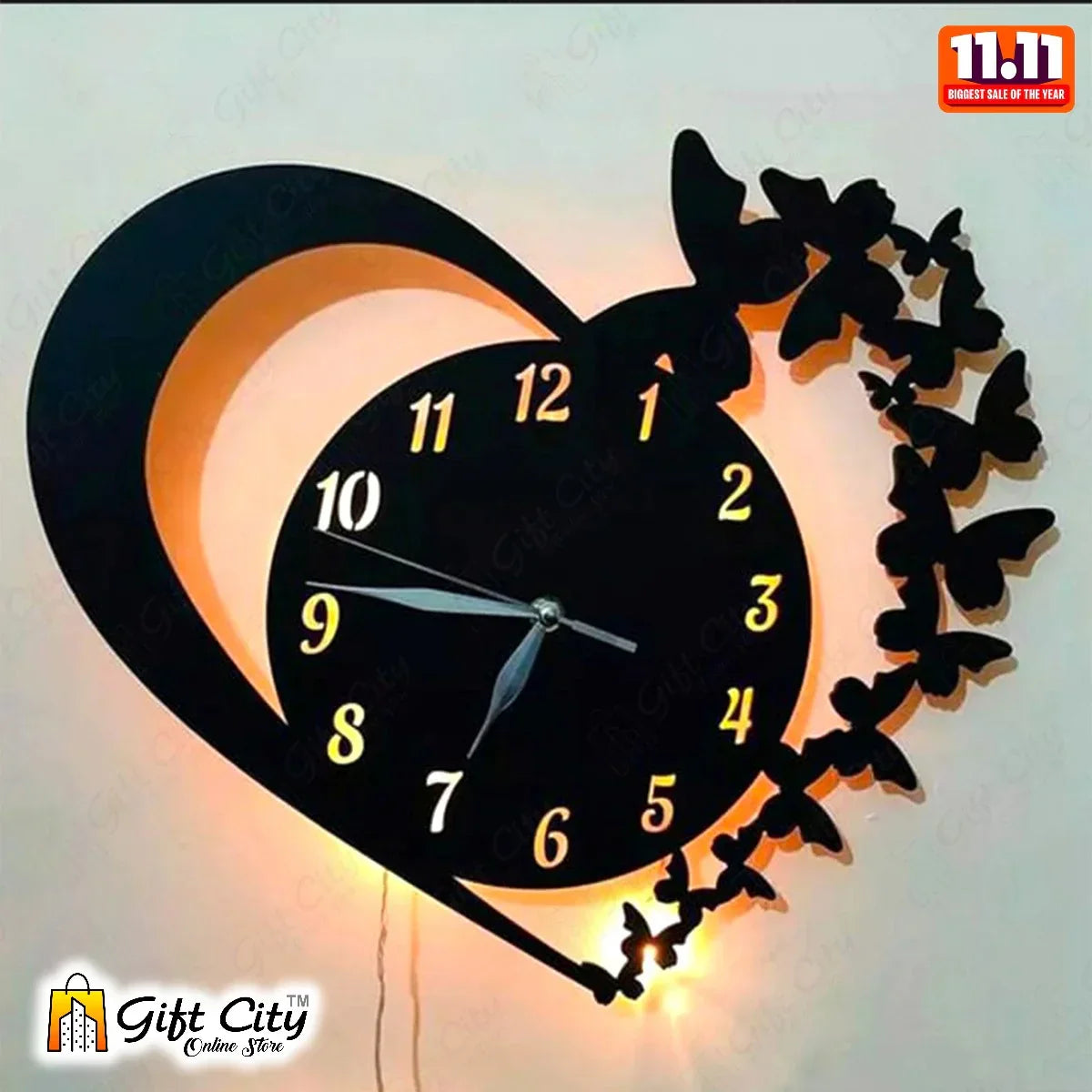 Heart Shape Wooden Wall Clock With Premium Light For Living Room, Offi - Smart Essential