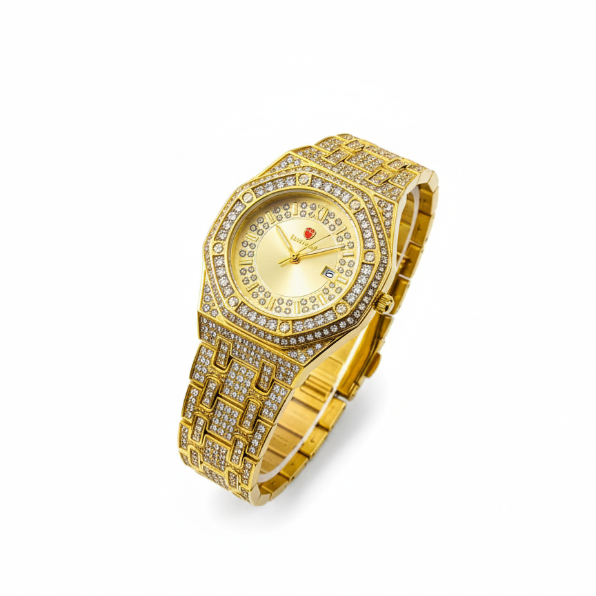 Luxury Gold Diamond-Studded Wrist Watch – Premium Designer Style Quartz Watch for Men & Women (Without Box) - Smart Essential