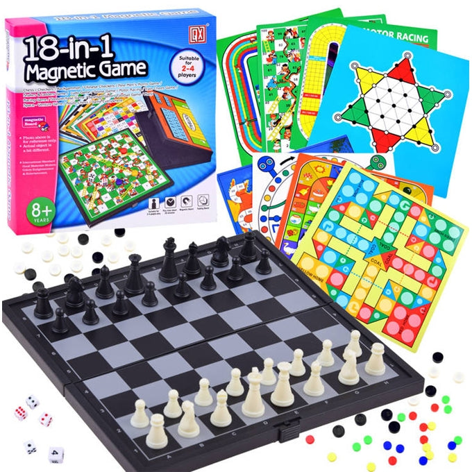 New Educational 18 in 1 Magnetic Board Game Set For Kids 2 to 4 Player Games 20cm Board - Multicolor - Smart Essential