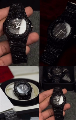 NEW Watch Collection Black Stone / Blacked Iced Out Stain-Less Steel Chain Watch For Mens Fashion (Black Without Box) - Smart Essential