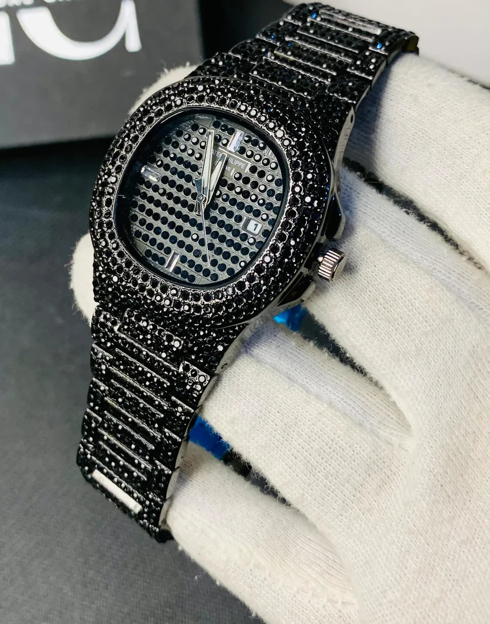 NEW Watch Collection Black Stone / Blacked Iced Out Stain-Less Steel Chain Watch For Mens Fashion (Black Without Box) - Smart Essential